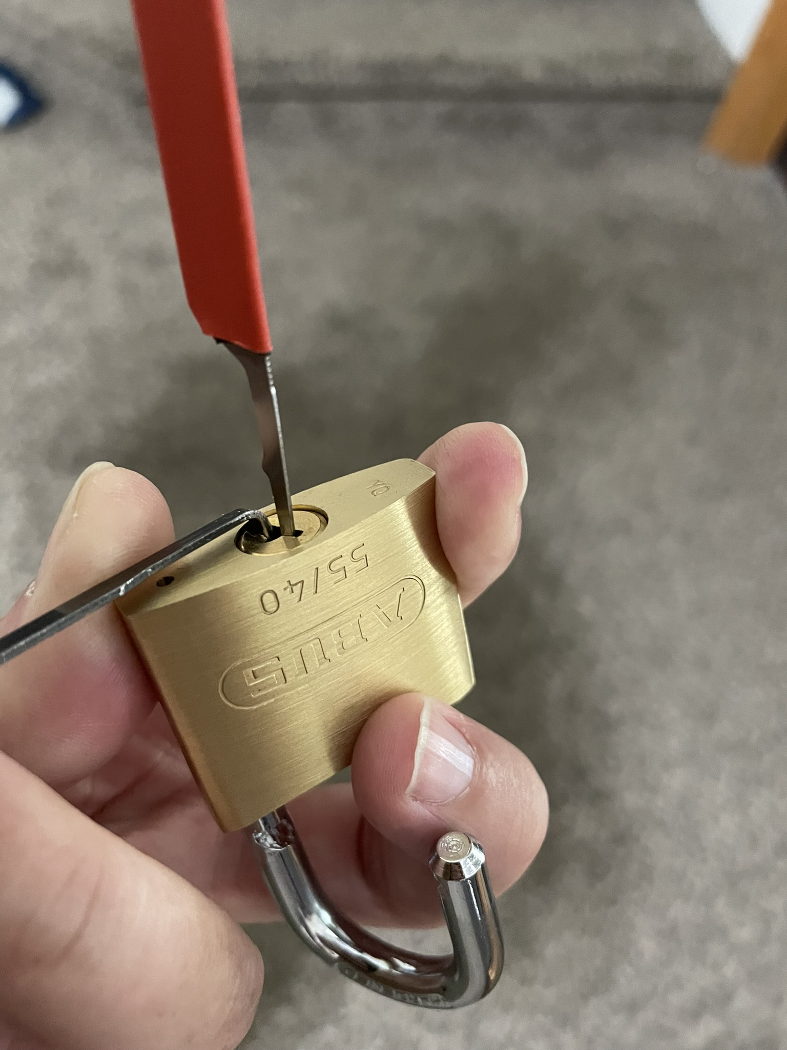 Abus 55/40 padlock, picked for yellow-belt rank