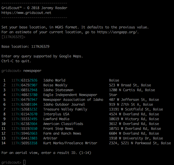 Screenshot of a GridScout Map™ search for newspaper
publishers